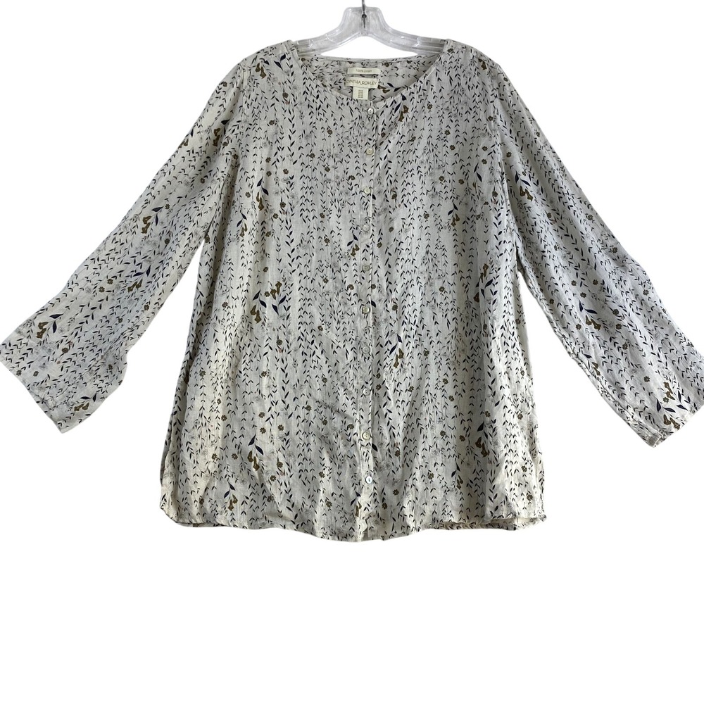 Cynthia Rowley 100% Linen Blouse Top Women Sz 1X Floral Roll Tab Sleeve Coastal